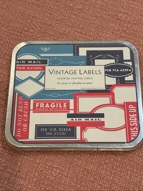 NWT Vintage air mail and fragile Labels Assorted Sticker Tin - made in Italy